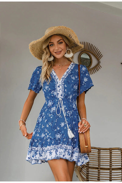 Sininen Vintage Kukkainen Mekko