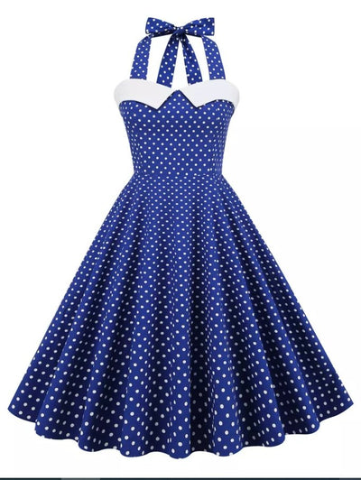 Vintage Sininen Mekko Valkoisilla Pilkuilla