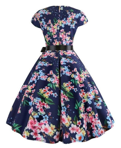 Vintage Sininen Little Leaves Flared Mekko