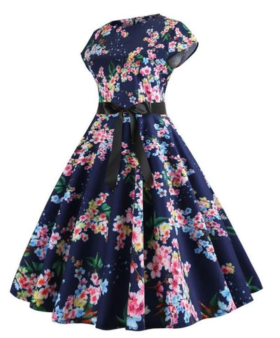 Vintage Sininen Little Leaves Flared Mekko