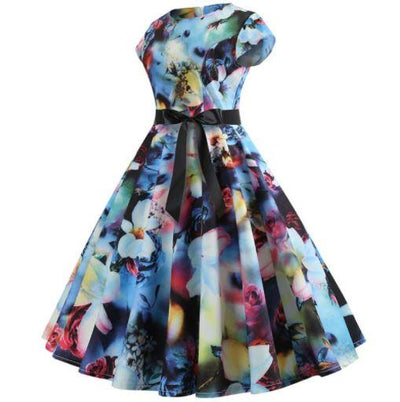 Vintage Pastellikukkien Leimahtava Mekko