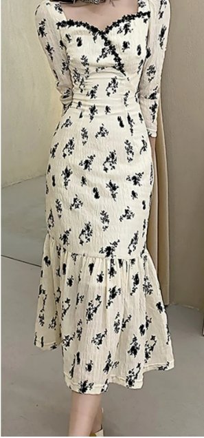 Vintage Khaki Kukkainen Pitkä Mekko