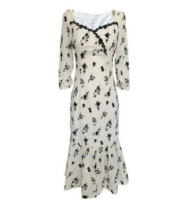 Vintage Khaki Kukkainen Pitkä Mekko