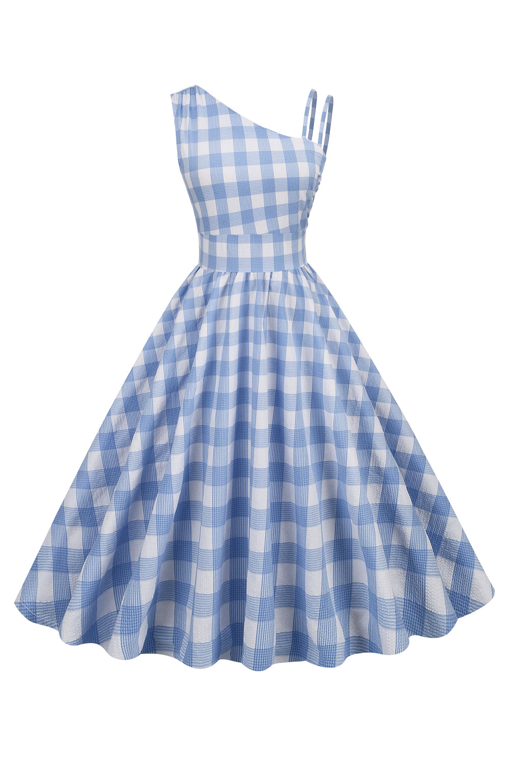 Vintage Epäsymmetrinen Mekko Sinisellä Ruudulla