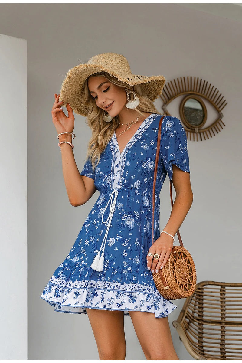 Sininen Vintage Kukkainen Mekko