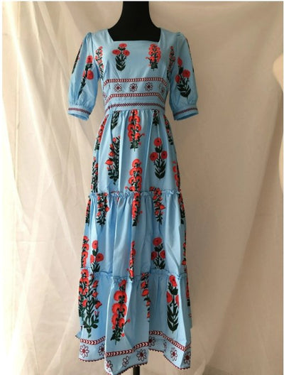 Lyhyt Vintage Kukkainen Mekko Sininen