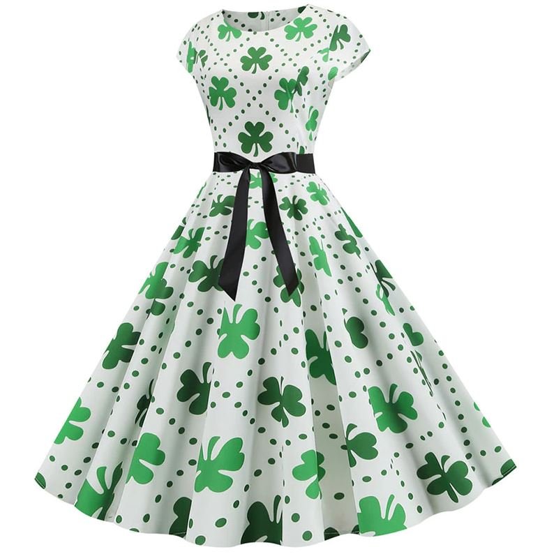 Vintage Valkoinen Polka Dot Flower Leimahtava Mekko