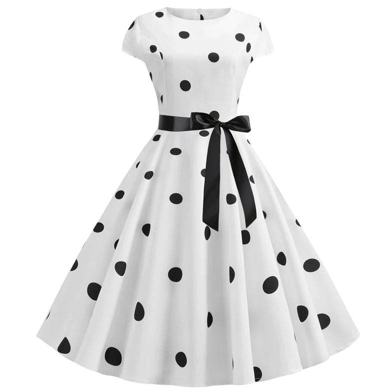 Vintage Valkoinen Levenevä Mekko Mustilla Pilkuilla