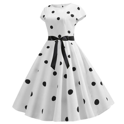 Vintage Valkoinen Levenevä Mekko Mustilla Pilkuilla