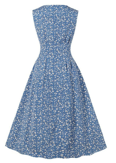 Vintage Sininen Levenevä Mekko Valkoisilla Kukilla