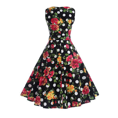 Vintage Laivastonsininen Polka Dot Flowers -Mekko