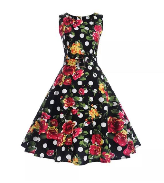 Vintage Laivastonsininen Polka Dot Flowers -Mekko