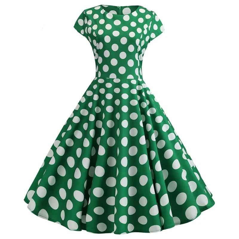 Vintage Vihreä Levenevä Mekko, Jossa On Valkoisia Pilkkuja