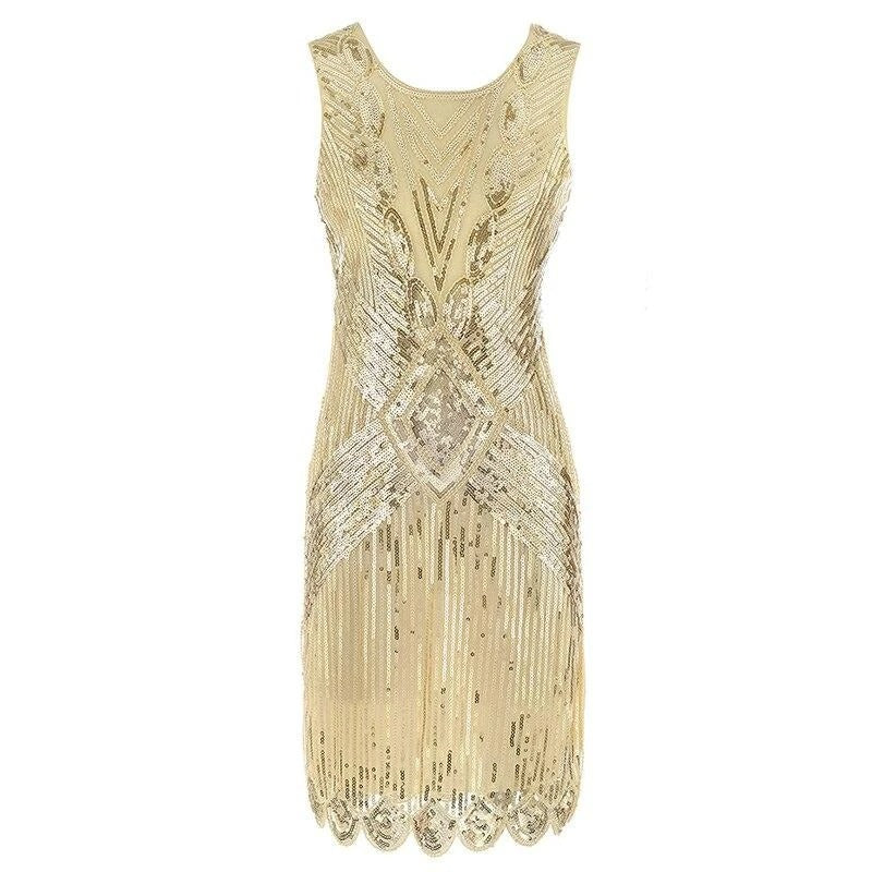 Beige Ja Kultainen Lyhyt Gatsby-Mekko