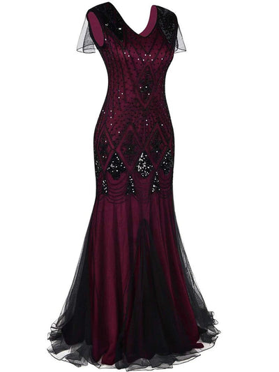 Burgundin Ja Musta Haute Couture -Pitkä Gatsby-Mekko