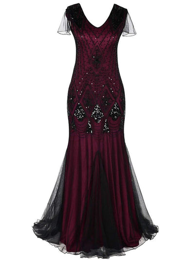 Burgundin Ja Musta Haute Couture -Pitkä Gatsby-Mekko