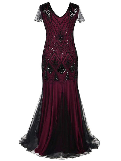 Burgundin Ja Musta Haute Couture -Pitkä Gatsby-Mekko