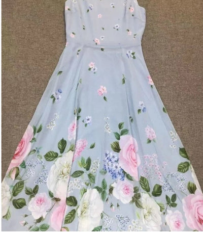 Vintage Sininen Kukkainen Pitkä Mekko