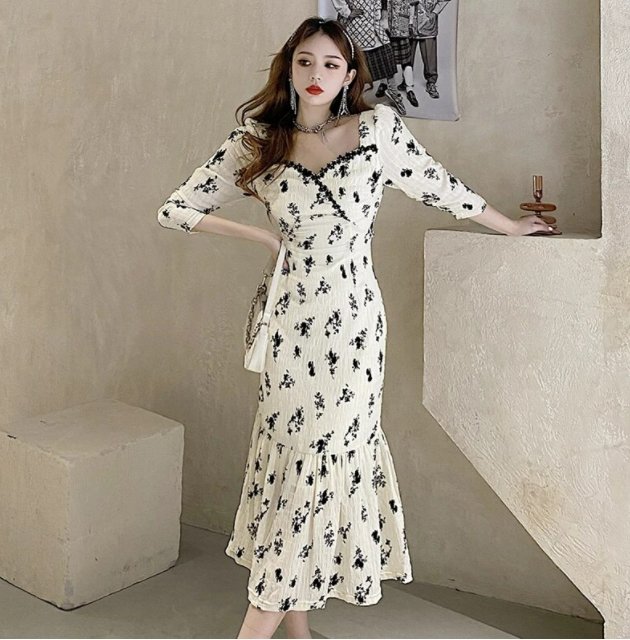 Vintage Khaki Kukkainen Pitkä Mekko