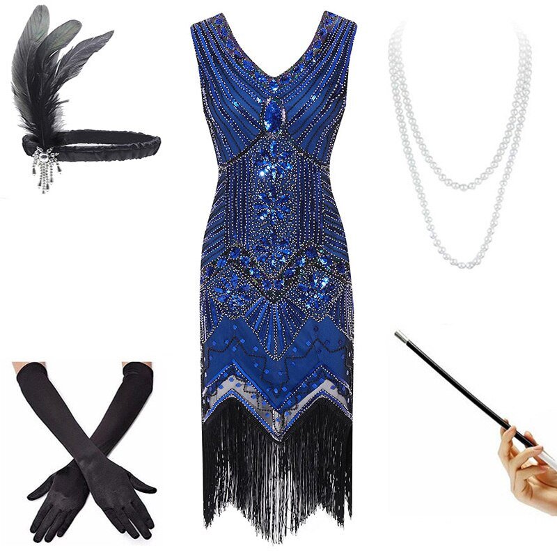 Vintage 20-Luvun Sininen Mekko (Tarvikkeiden Kanssa)