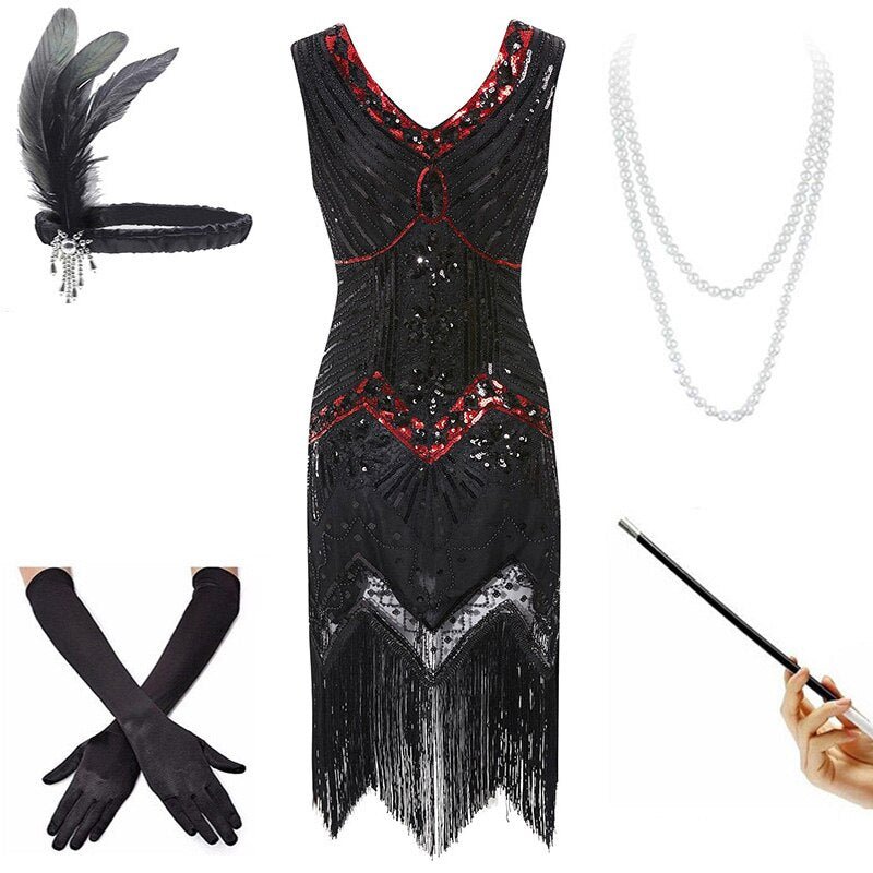 Vintage 20-Luvun Punainen Ja Musta Mekko (Tarvikkeiden Kanssa)