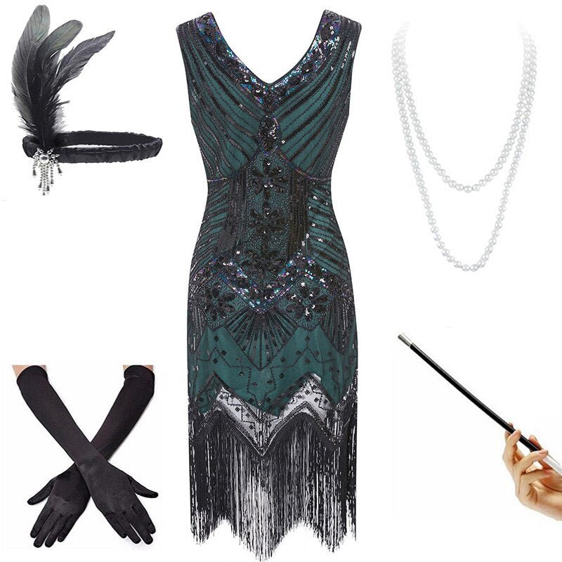 Vintage 20-Luvun Mekko Vihreä Musta