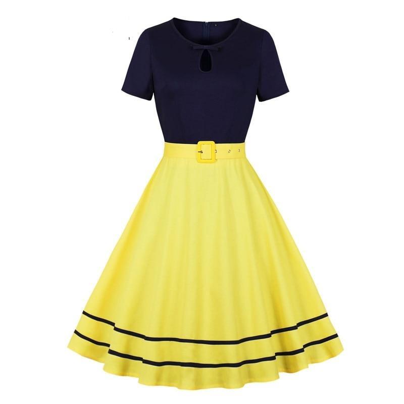 Vintage 50-Luvun Laivastonsininen Ja Keltainen Mekko