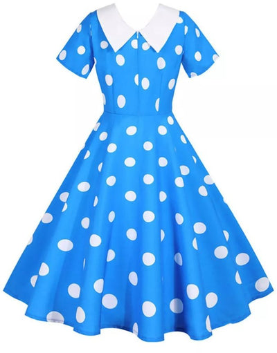 Vintage Sininen Mekko Valkoisilla Pilkuilla