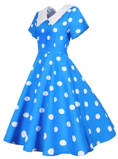 Vintage Sininen Mekko Valkoisilla Pilkuilla