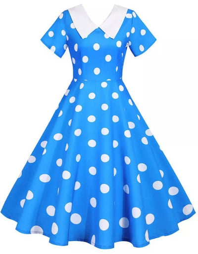 Vintage Sininen Mekko Valkoisilla Pilkuilla