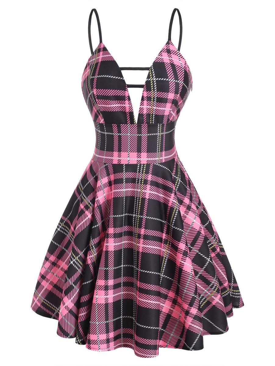 Vintage-Ruudullinen Nauhamekko, Vaaleanpunainen