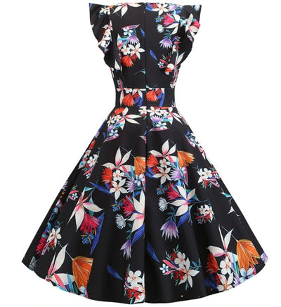 Vintage Tyylikäs Retromusta Kukkainen Mekko