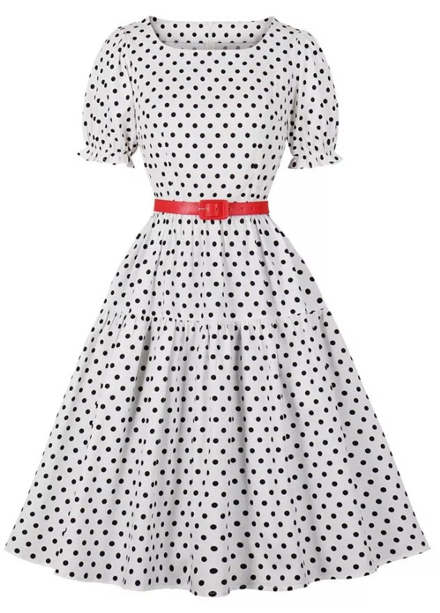 Vintage Pyöreäkaula-Aukkoinen Valkoinen Pilkkumekko