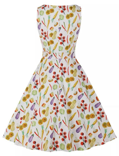 Vintage Pyöreäkaula-Mekko Kermanvärisiä Kukkia