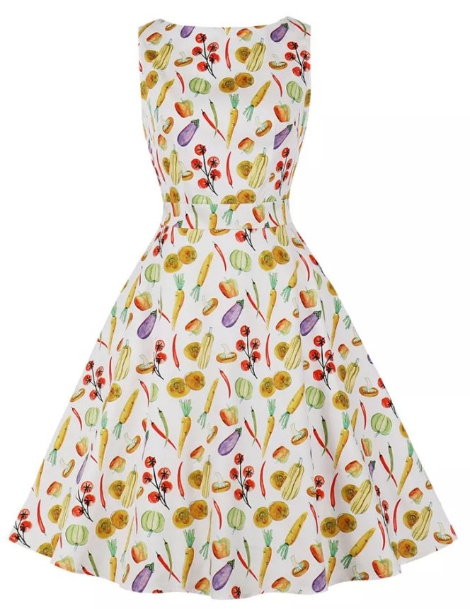 Vintage Pyöreäkaula-Mekko Kermanvärisiä Kukkia