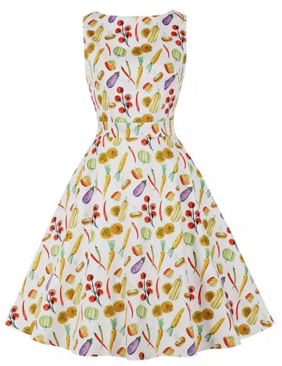 Vintage Pyöreäkaula-Mekko Kermanvärisiä Kukkia