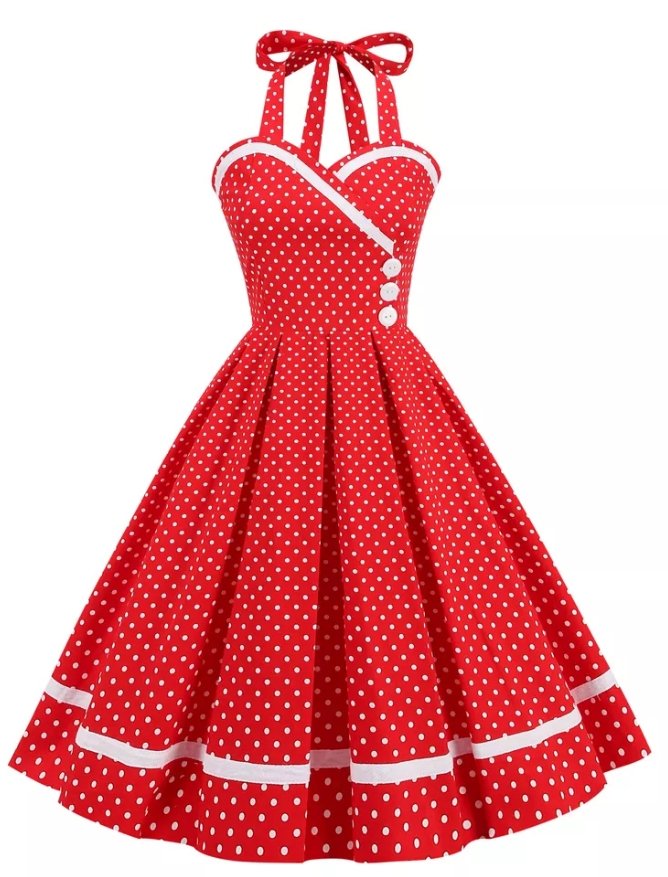 Vintage Punainen Pyöreäkaula-Aukkoinen Pilkkumekko