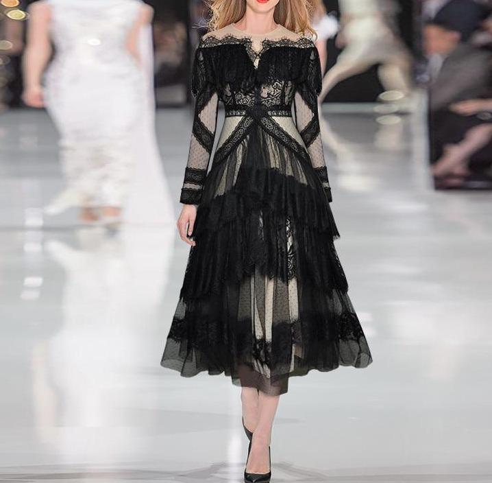 Vintage Pitsinen Pitkähihainen Mekko