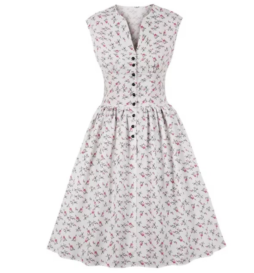 Vintage Mekko Isokokoinen 50s Valkoisia Kukkia