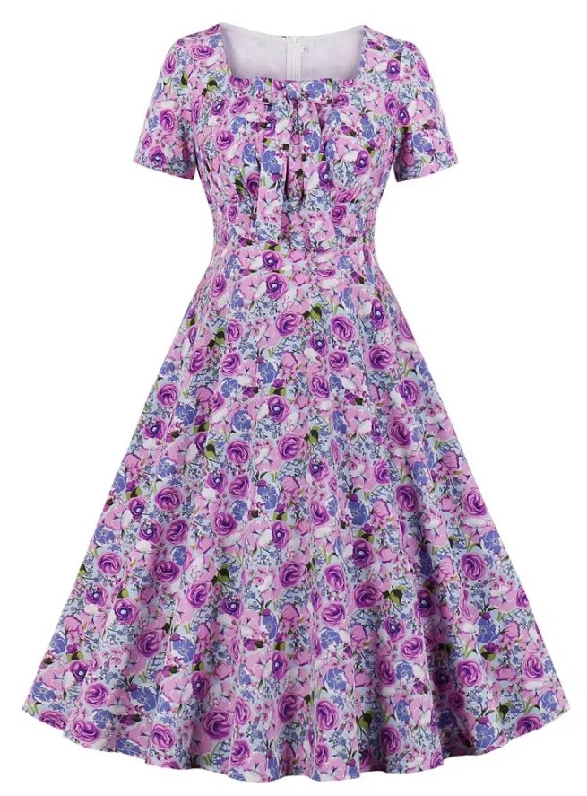 Vintage Plus-Kokoinen Korkeavyötäröinen Mekko, Violetti