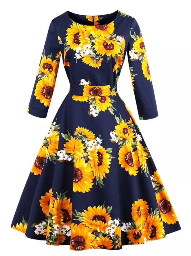 Vintage Plus-Koon Pitkähihainen Sininen Mekko