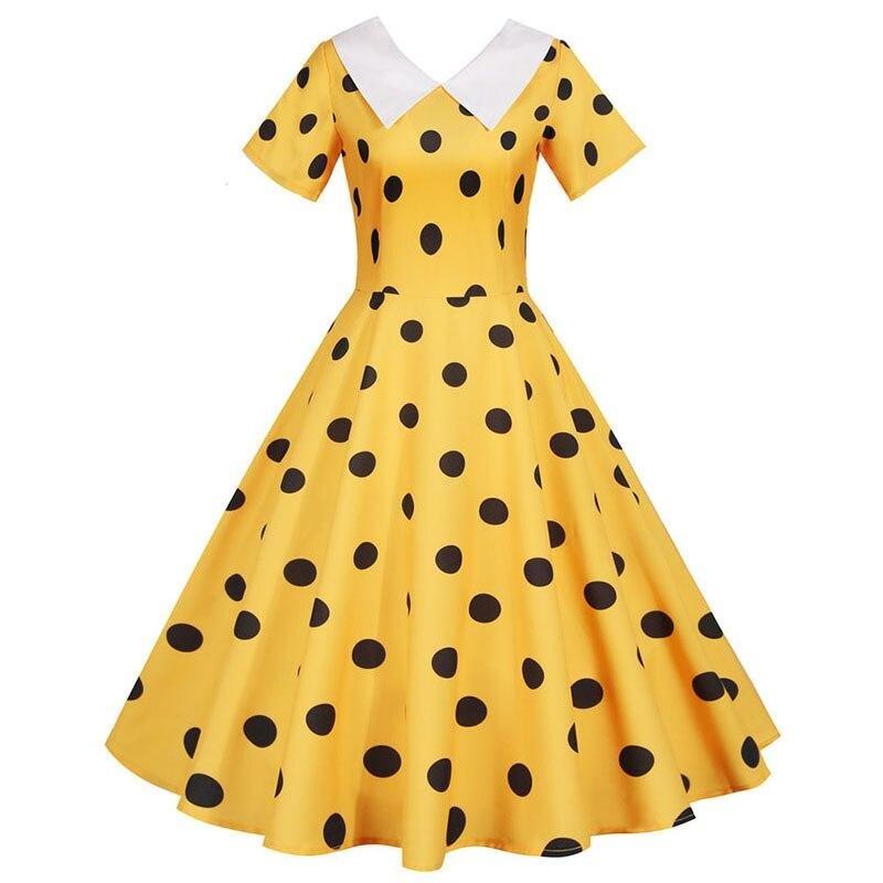 Vintage Keltainen Mekko Mustilla Pilkuilla