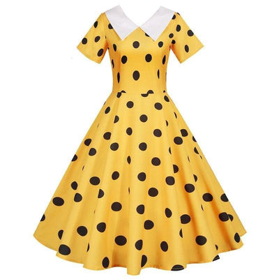 Vintage Keltainen Mekko Mustilla Pilkuilla