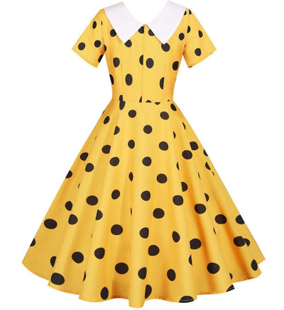 Vintage Keltainen Mekko Mustilla Pilkuilla