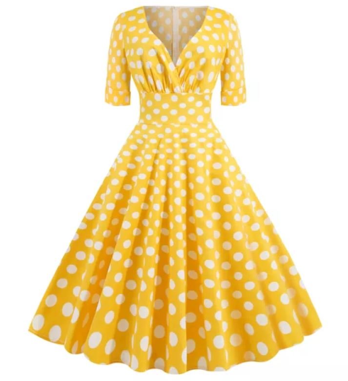 Vintage Keltainen Puuvillainen Pilkkumekko