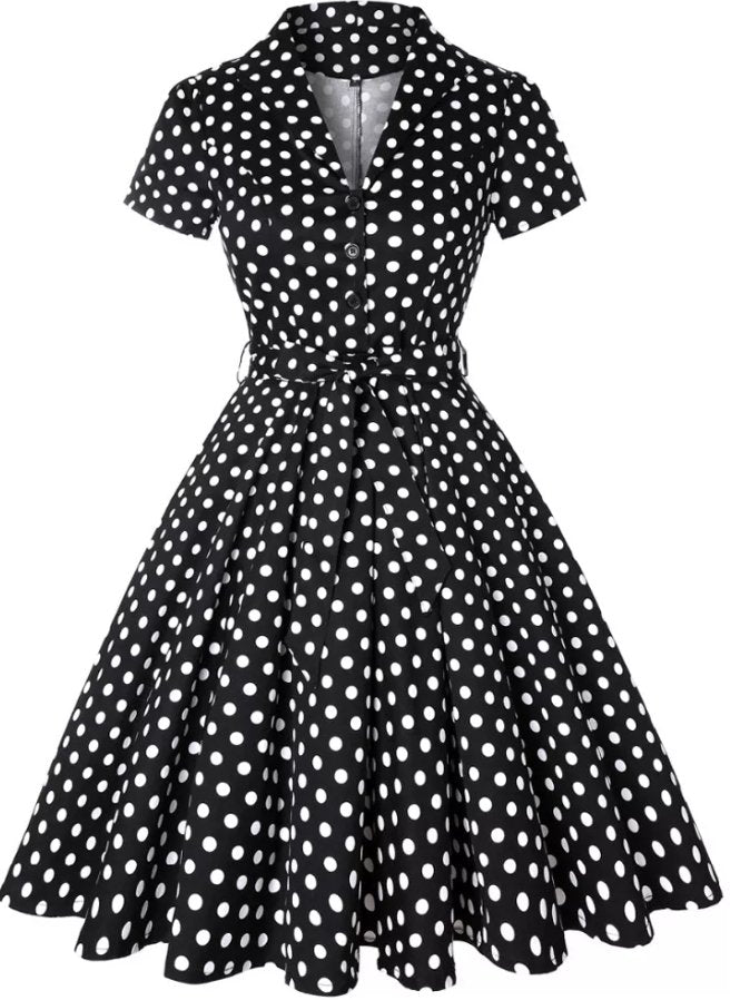 Vintage Musta Pilkkupintainen Mekko