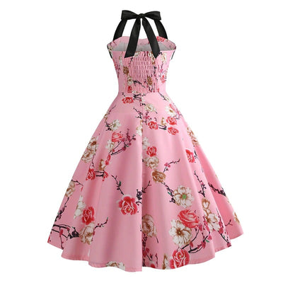 Vintage Vaaleanpunainen Pin-Up Mekko Kukilla
