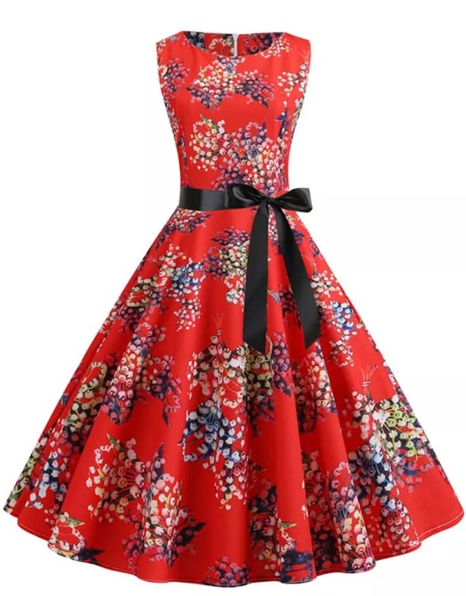 Vintage Pin Up -Mekko Punaisia Kukkia