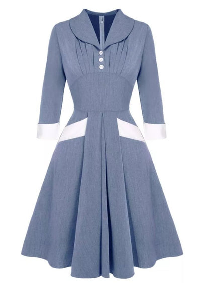 Sininen Laskostettu Vintage-Mekko