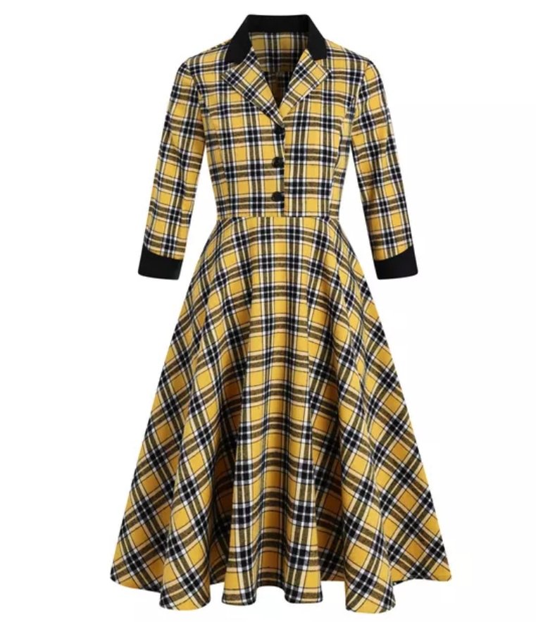 Vintage Keltainen Ja Musta Raidallinen Mekko